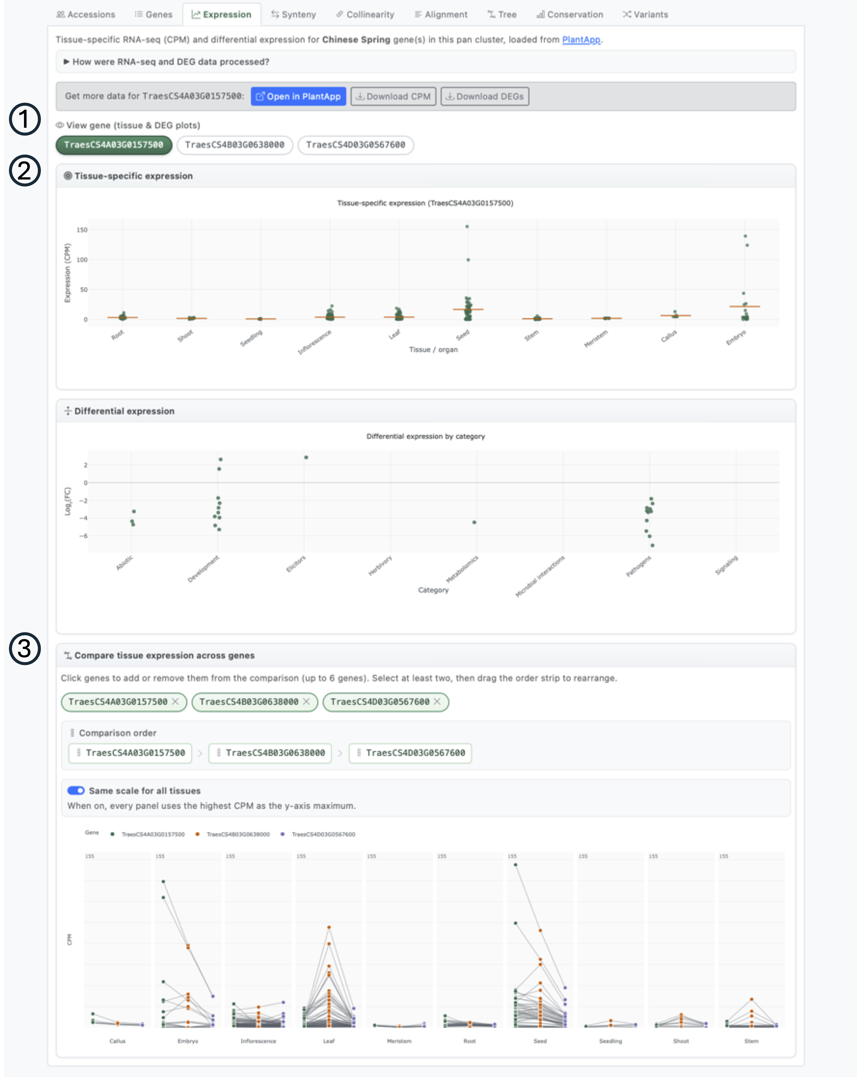 Expression tab with tissue plots and DEG table